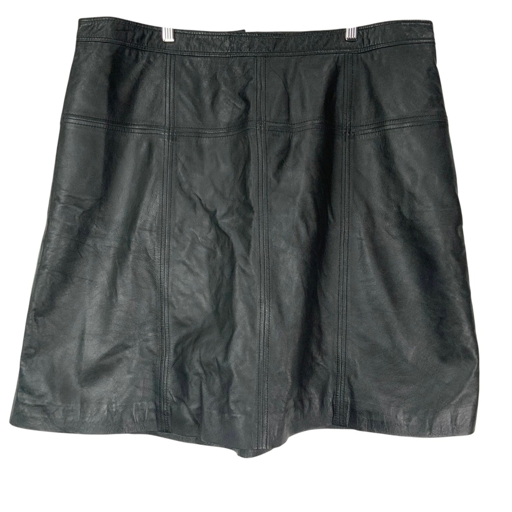 Jessica London Black Leather A-Line Skirt 22W Zip Back High Waist Paneled Detail